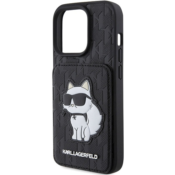 Hülle für Apple iPhone 15 Pro Max, Karl Lagerfeld, Saffiano Kartenfächer und Ständer Monogramm Choupette, Schwarz