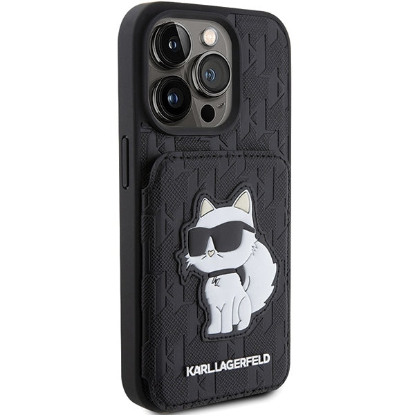 Hülle für Apple iPhone 15 Pro Max, Karl Lagerfeld, Saffiano Kartenfächer und Ständer Monogramm Choupette, Schwarz