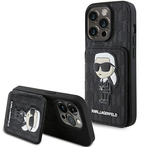 Case for Apple iPhone 15 Pro Max, Karl Lagerfeld, Saffiano Cardslots and Stand Monogram Ikonik Karl, Black