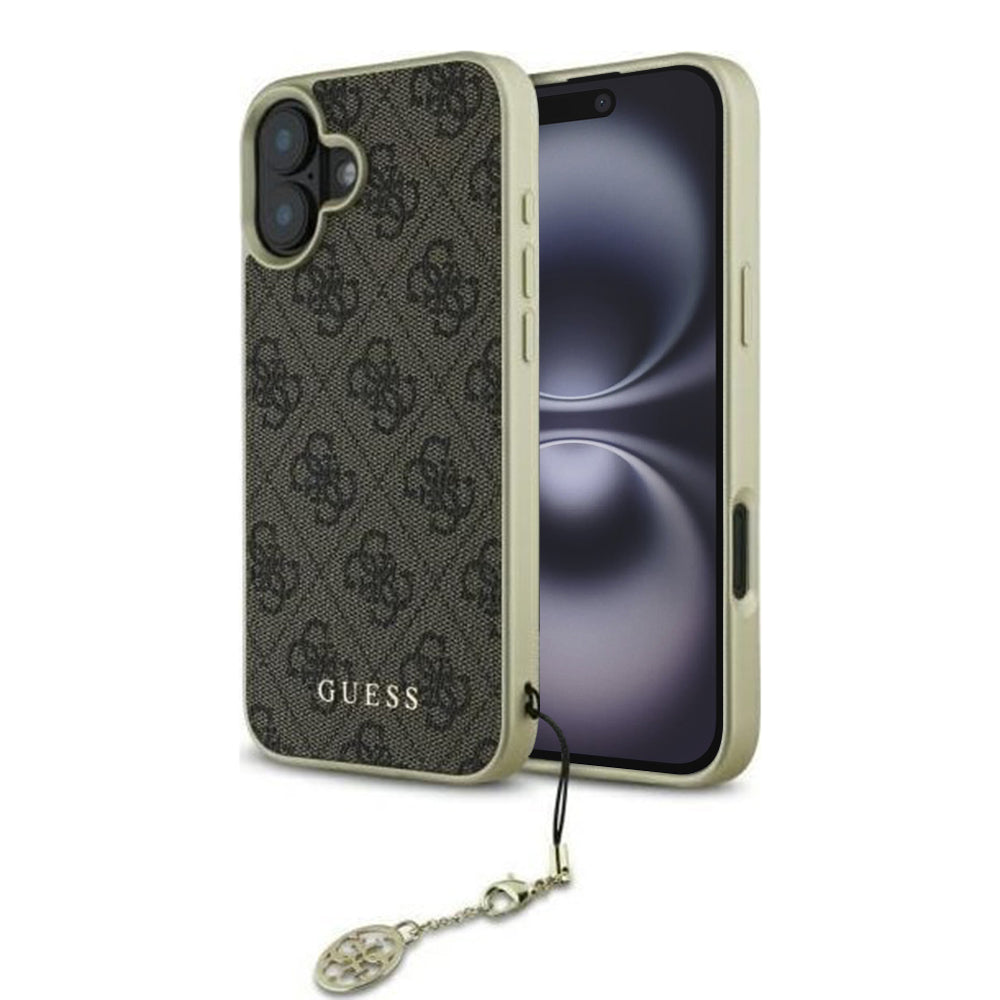 Hülle für Apple iPhone 16, Guess, 4G Charm, Braun