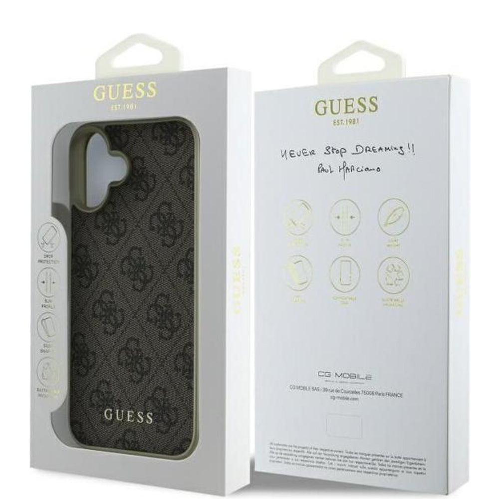 Hülle für Apple iPhone 16, Guess, 4G Charm, Braun