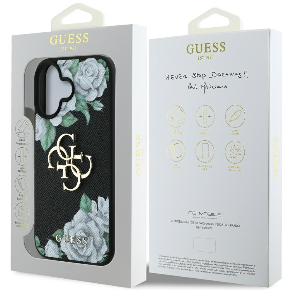 Hülle für Apple iPhone 16, Guess, 4G Grained Roses Big Logo, Schwarz
