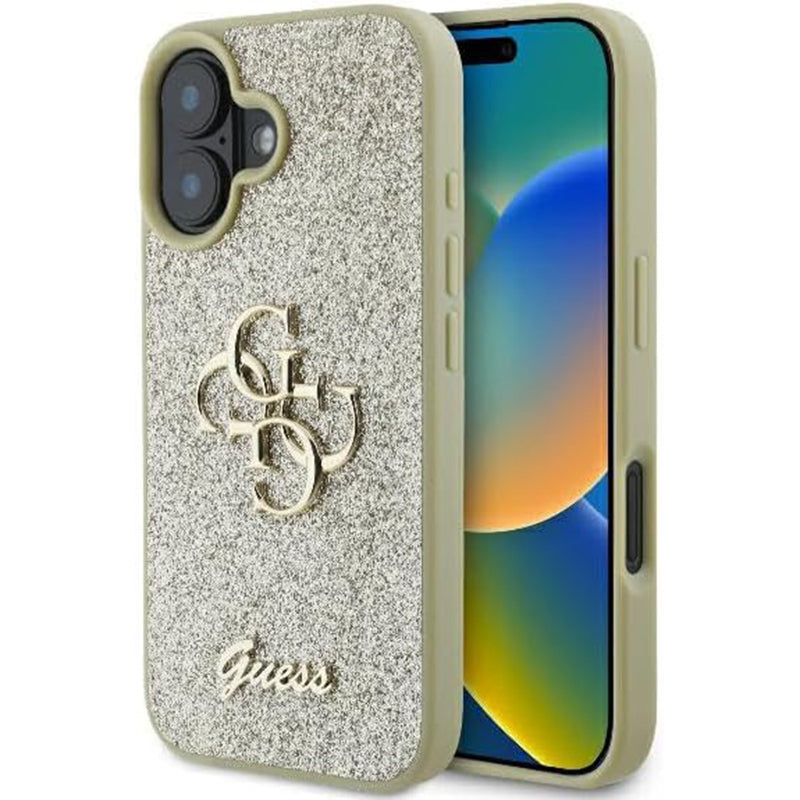 Hülle für Apple iPhone 16, Guess, Fixed Glitter Big 4G, Gold