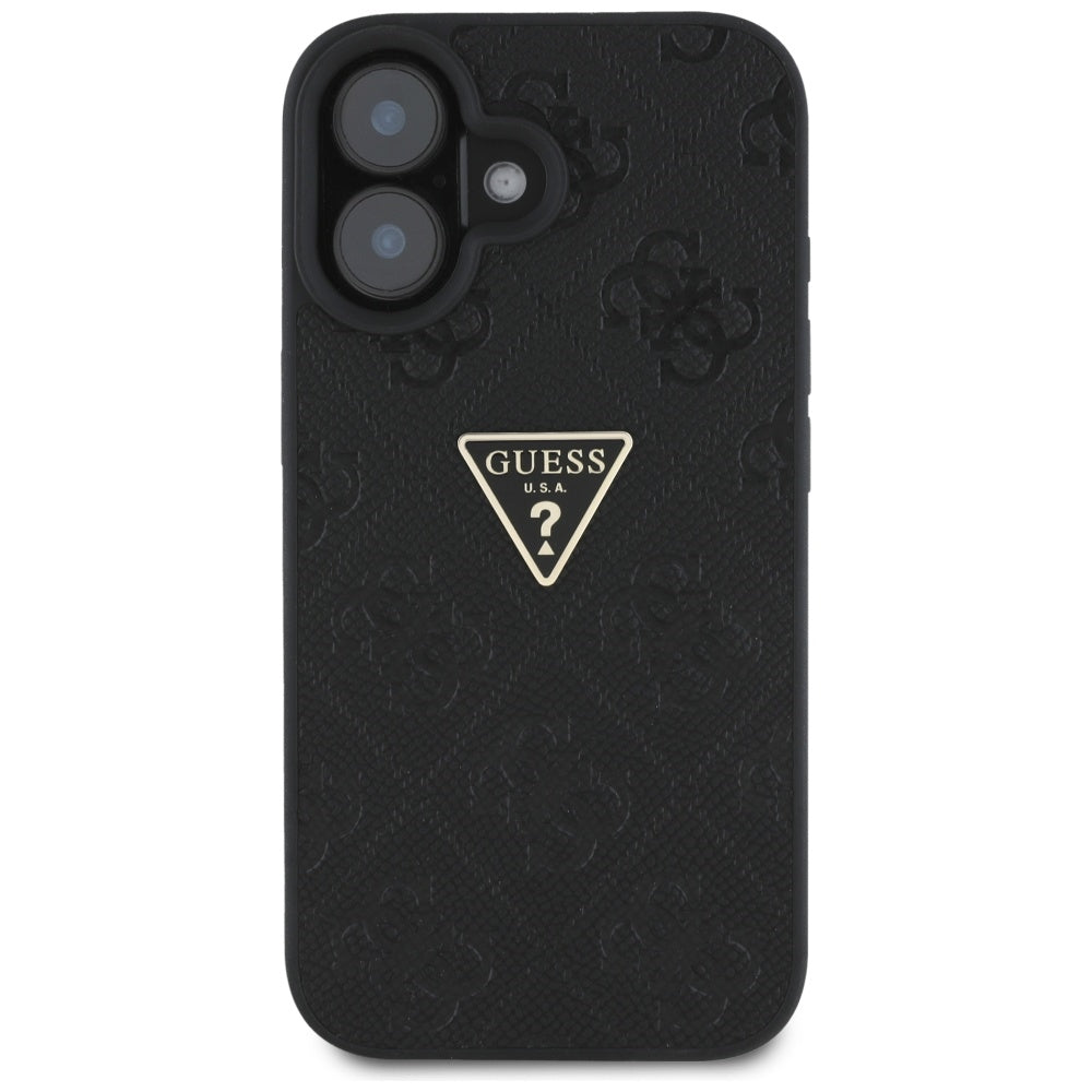 Hülle für Apple iPhone 16, Guess, Hot Stamp 4G Pattern Triangle Logo, Schwarz