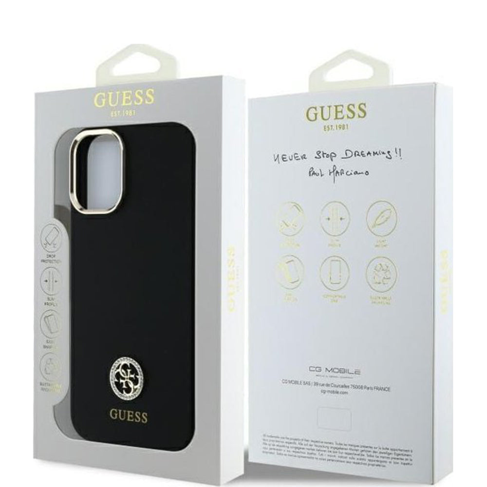 Hülle für Apple iPhone 16, Guess, Logo Strass 4G, Schwarz