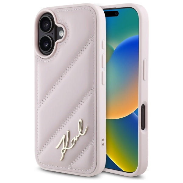 Case for Apple iPhone 16, Karl Lagerfeld, Diagonal Quilted Script, Pink