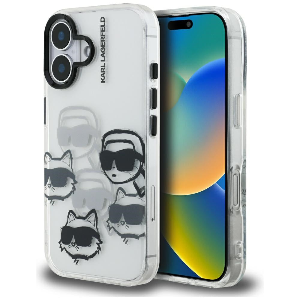 Hülle für Apple iPhone 16, Karl Lagerfeld, IML Luxury Multi Head Pattern, Transparent