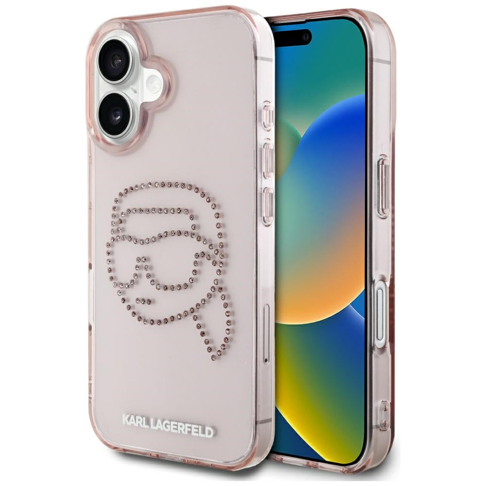 Hülle für Apple iPhone 16, Karl Lagerfeld, IML Rhinestones Karl's Head, Rosa
