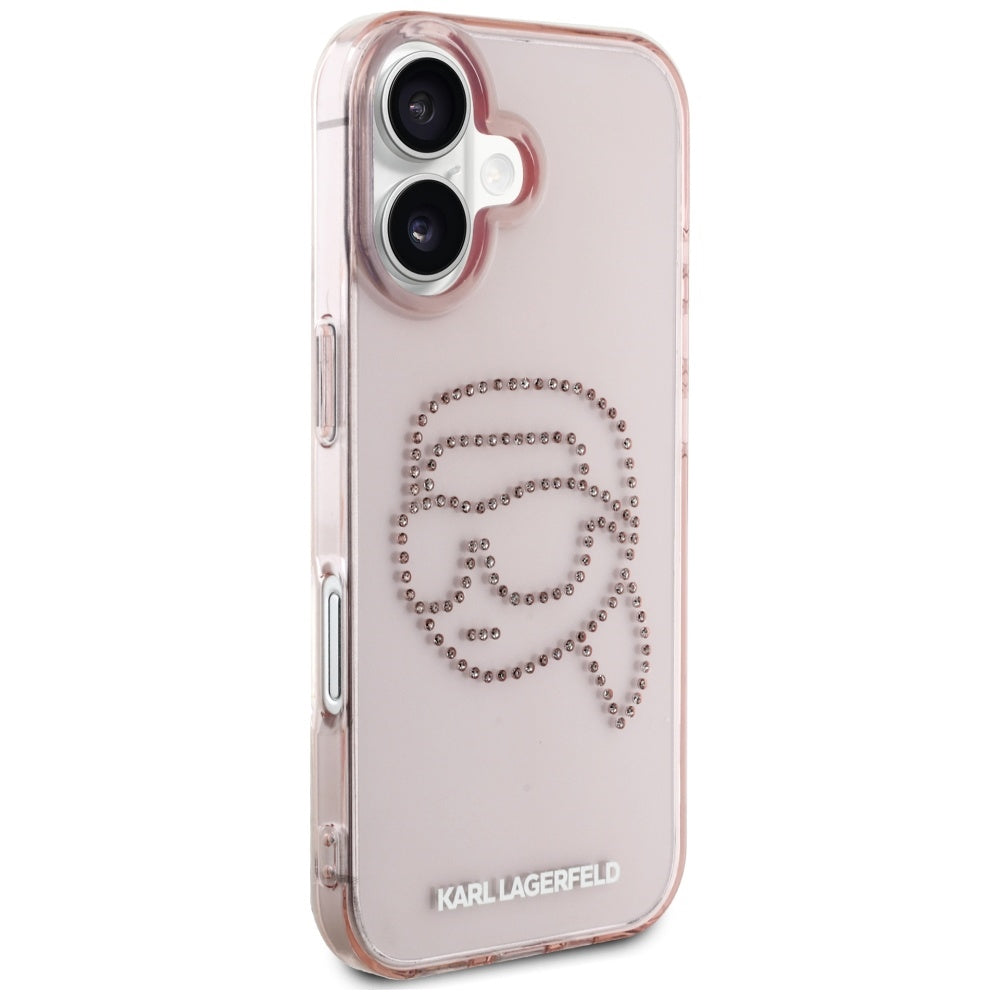 Hülle für Apple iPhone 16, Karl Lagerfeld, IML Rhinestones Karl's Head, Rosa