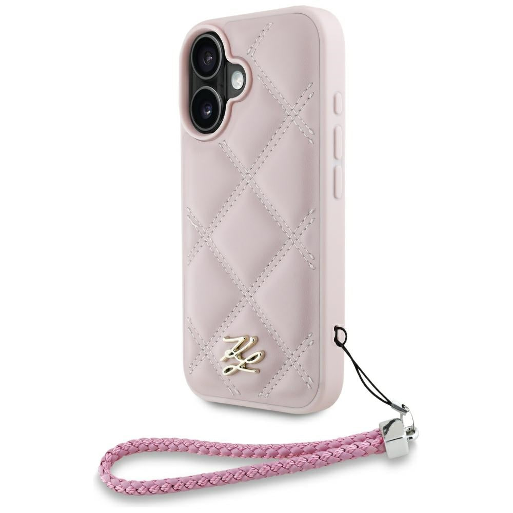 Hülle für Apple iPhone 16, Karl Lagerfeld, Gestepptes Initialen-Logo & Kettenriemen, Rosa