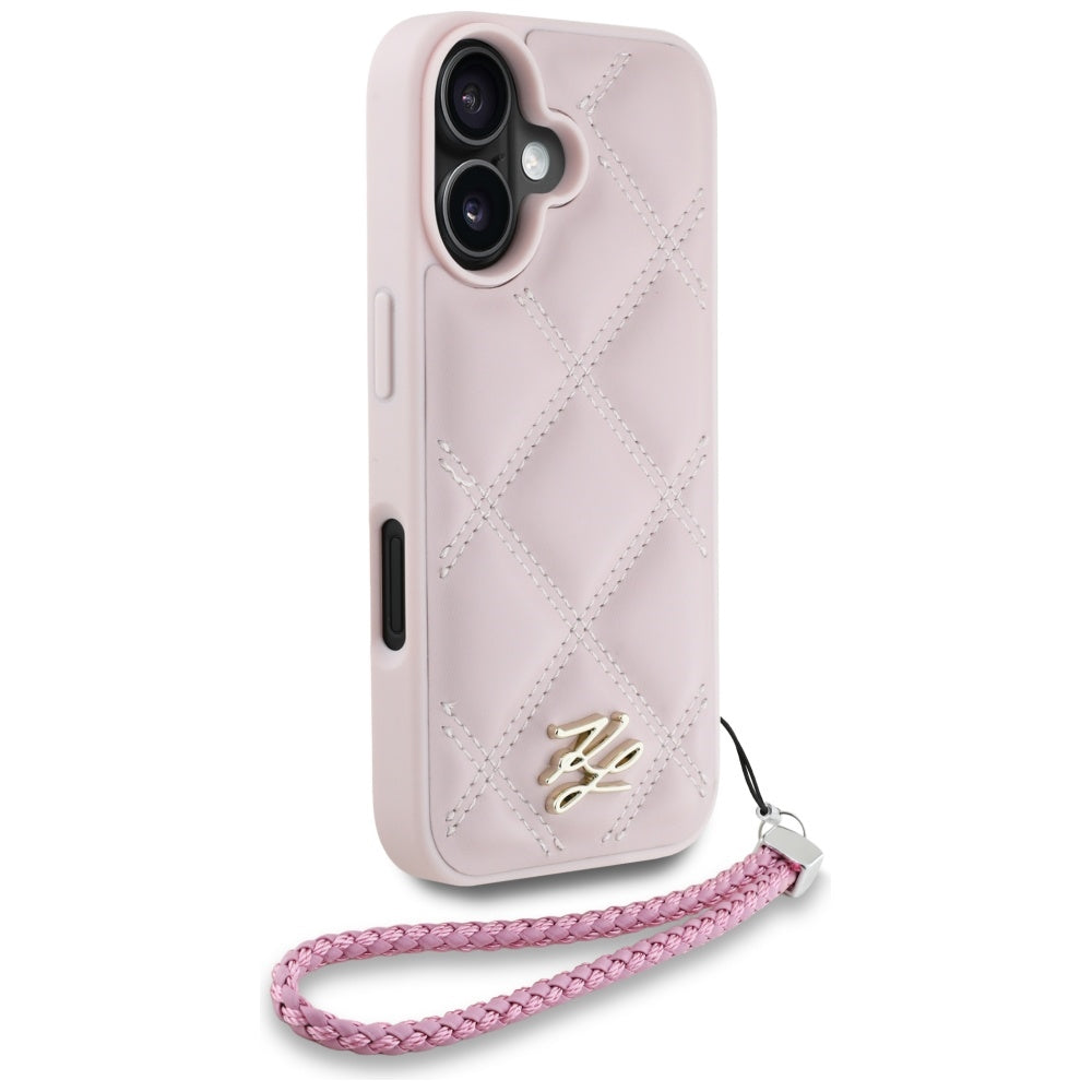 Hülle für Apple iPhone 16, Karl Lagerfeld, Gestepptes Initialen-Logo & Kettenriemen, Rosa