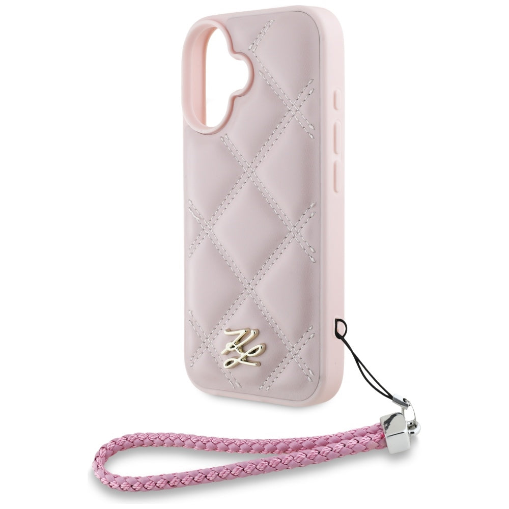 Hülle für Apple iPhone 16, Karl Lagerfeld, Gestepptes Initialen-Logo & Kettenriemen, Rosa