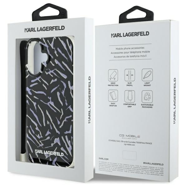 Hülle für Apple iPhone 16, Karl Lagerfeld, Zebra mit Kordelband, Lila