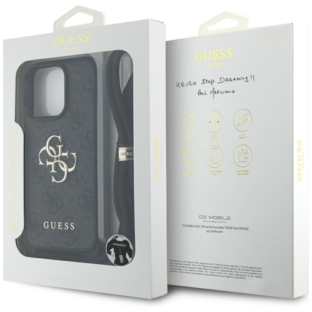 Case for Apple iPhone 16 Pro, Guess, 4G CBDY Big Logo with Cord Strap, Black