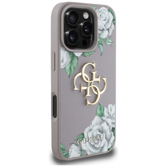 Hülle für Apple iPhone 16 Pro, Guess, 4G Grained Roses Big Logo, Lila