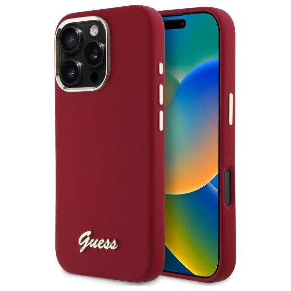 Hülle für Apple iPhone 16 Pro, Guess, Script Metal Logo, Rot