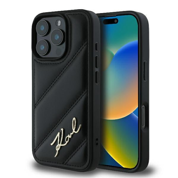 Hülle für Apple iPhone 16 Pro, Karl Lagerfeld, Diagonal Quilted Script, Schwarz