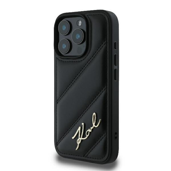 Hülle für Apple iPhone 16 Pro, Karl Lagerfeld, Diagonal Quilted Script, Schwarz