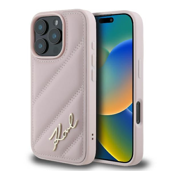 Hülle für Apple iPhone 16 Pro, Karl Lagerfeld, Diagonal Quilted Script, Rosa