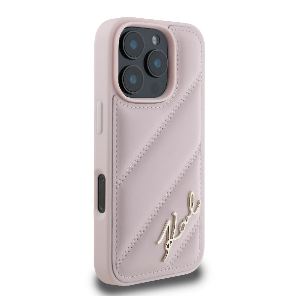 Hülle für Apple iPhone 16 Pro, Karl Lagerfeld, Diagonal Quilted Script, Rosa