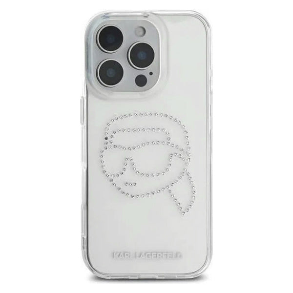 Hülle für Apple iPhone 16 Pro, Karl Lagerfeld, IML Rhinestones Karl's Head, Transparent