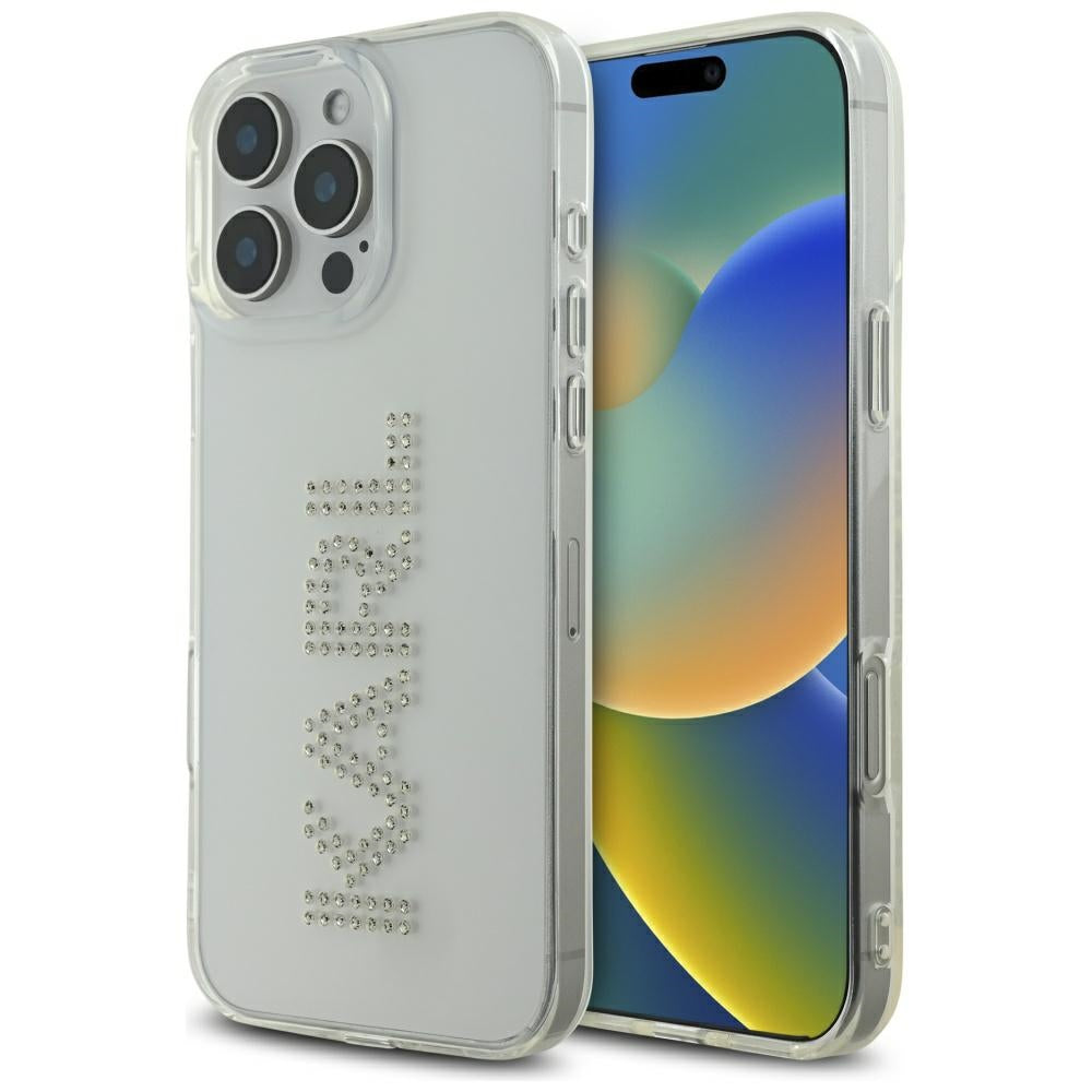 Hülle für Apple iPhone 16 Pro, Karl Lagerfeld, IML Rhinestones Transparent Logo, Transparent