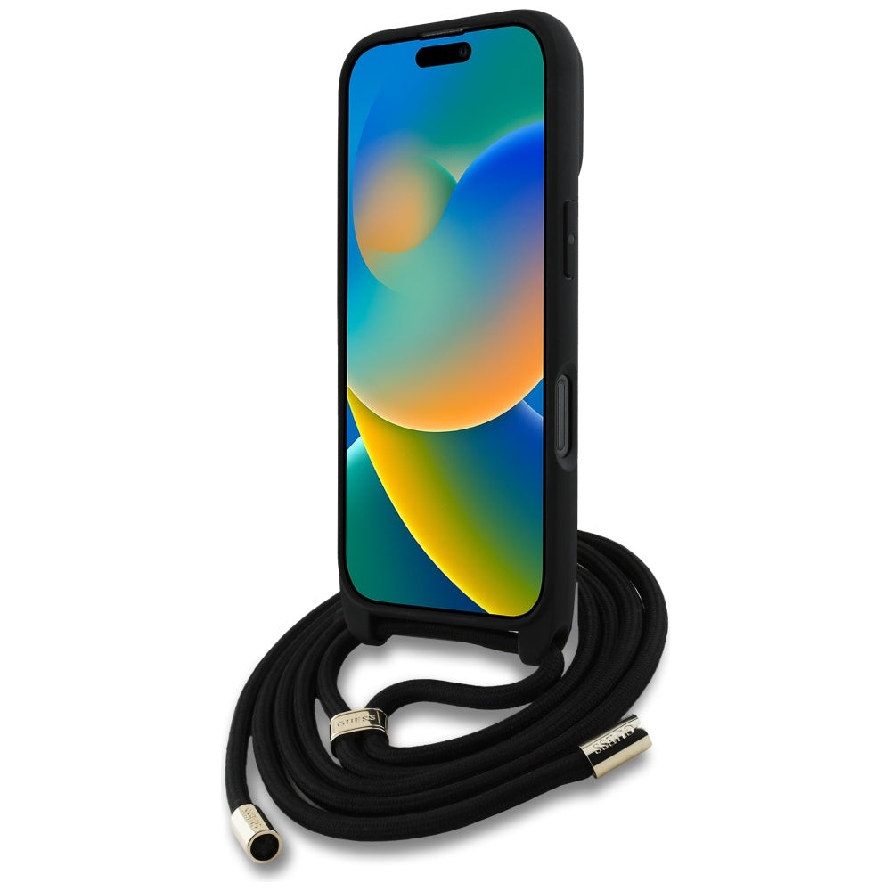 Case for Apple iPhone 16 Pro Max, Guess, 4G CBDY Big Logo with Cord Strap, Black