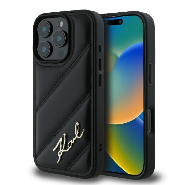 Hülle für Apple iPhone 16 Pro Max, Karl Lagerfeld, Diagonal Quilted Script, Schwarz