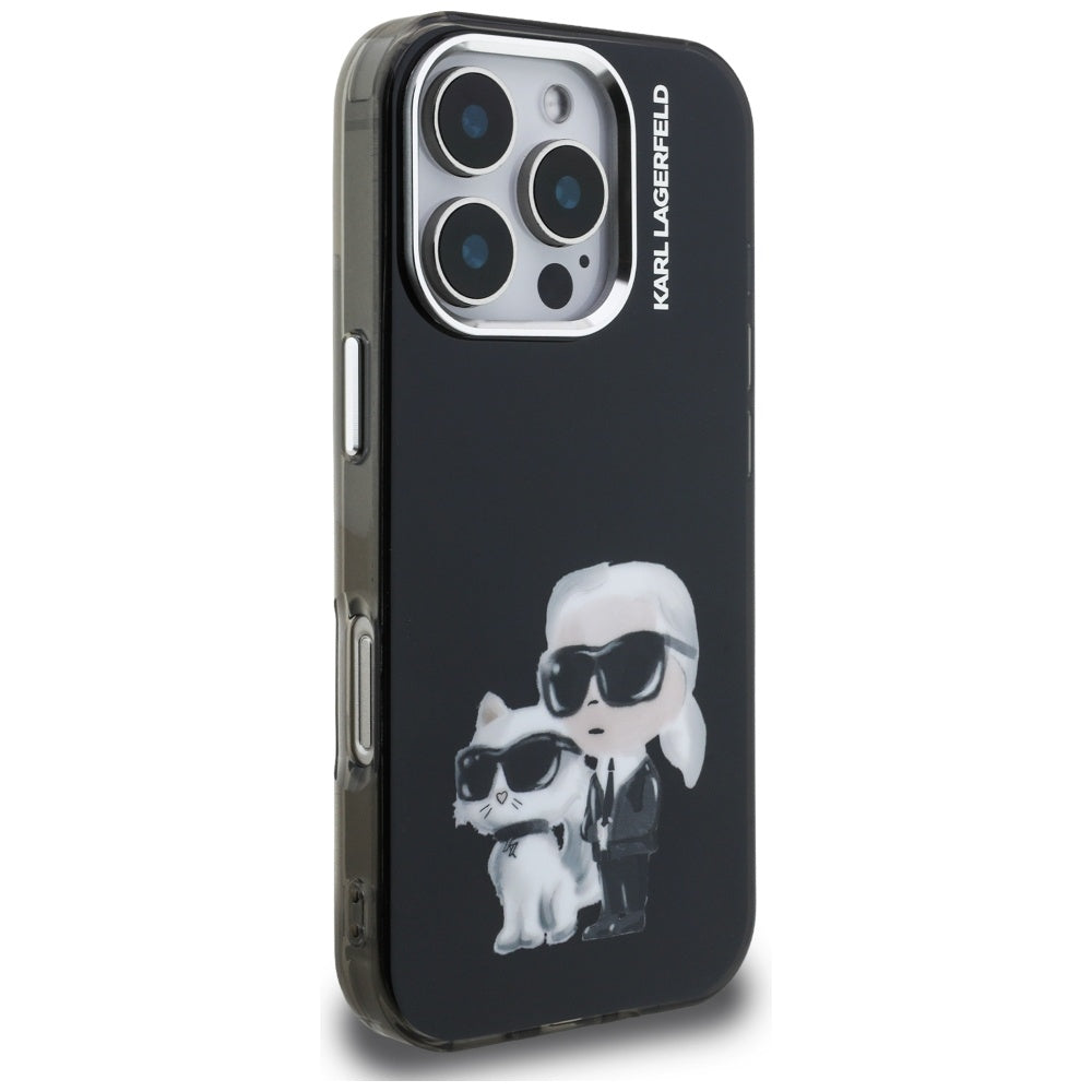 Hülle für Apple iPhone 16 Pro Max, Karl Lagerfeld, IML Aquarelle Logo Karl & Choupette, Schwarz