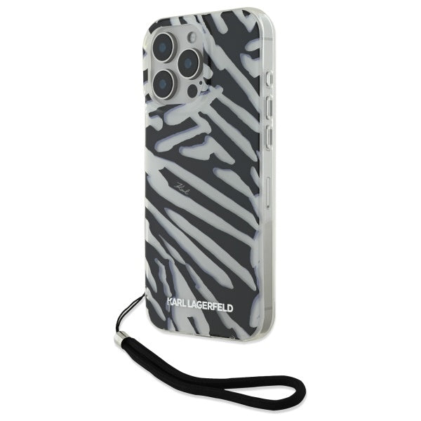 Hülle für Apple iPhone 16 Pro Max, Karl Lagerfeld, IML Luxury Zebra Muster mit Trageriemen, Schwarz