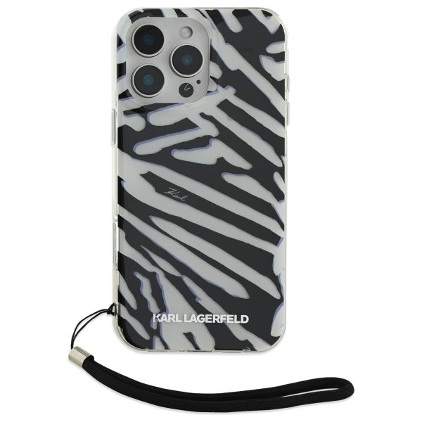 Hülle für Apple iPhone 16 Pro Max, Karl Lagerfeld, IML Luxury Zebra Muster mit Trageriemen, Schwarz