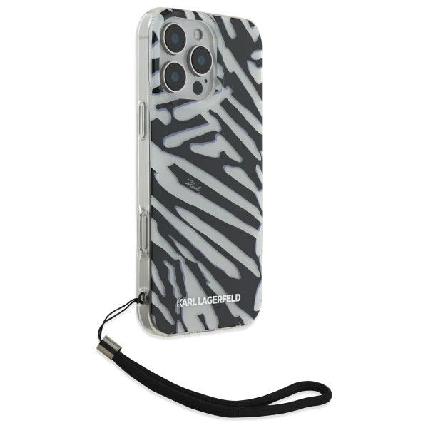 Hülle für Apple iPhone 16 Pro Max, Karl Lagerfeld, IML Luxury Zebra Muster mit Trageriemen, Schwarz
