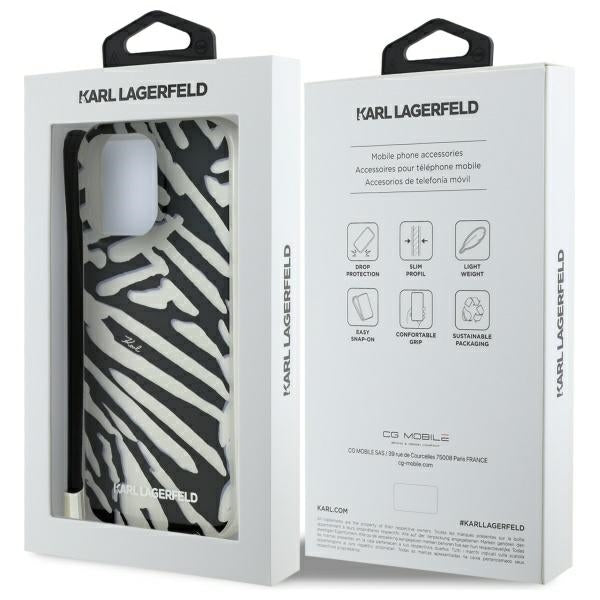 Hülle für Apple iPhone 16 Pro Max, Karl Lagerfeld, IML Luxury Zebra Muster mit Trageriemen, Schwarz
