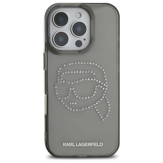 Hülle für Apple iPhone 16 Pro Max, Karl Lagerfeld, IML Rhinestones Karl's Head, Schwarz