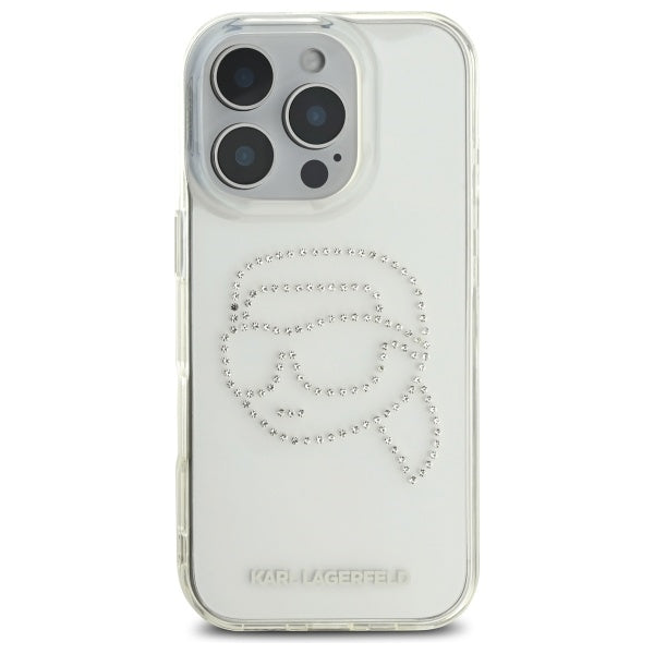 Hülle für Apple iPhone 16 Pro Max, Karl Lagerfeld, IML Rhinestones Karl's Head, Transparent
