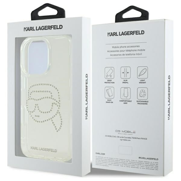 Hülle für Apple iPhone 16 Pro Max, Karl Lagerfeld, IML Rhinestones Karl's Head, Transparent
