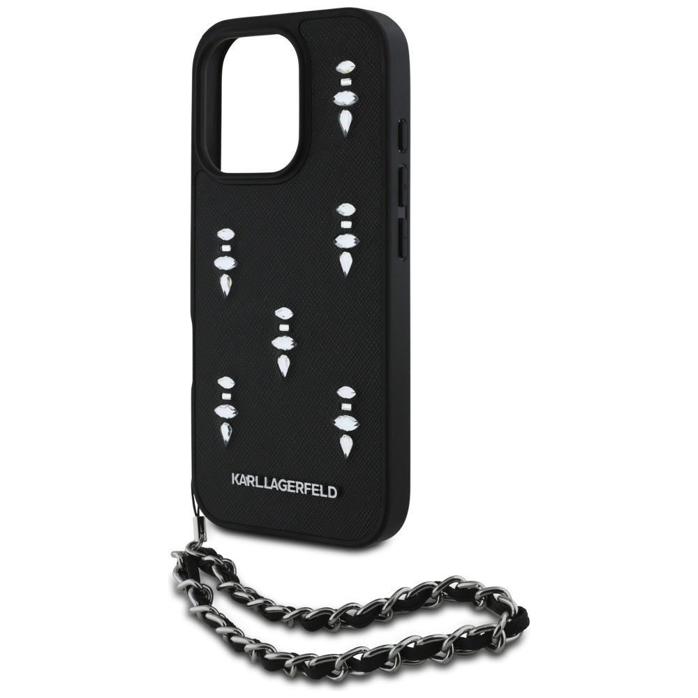 Hülle für Apple iPhone 16 Pro Max, Karl Lagerfeld, Saffiano Crystals & Charm, Schwarz