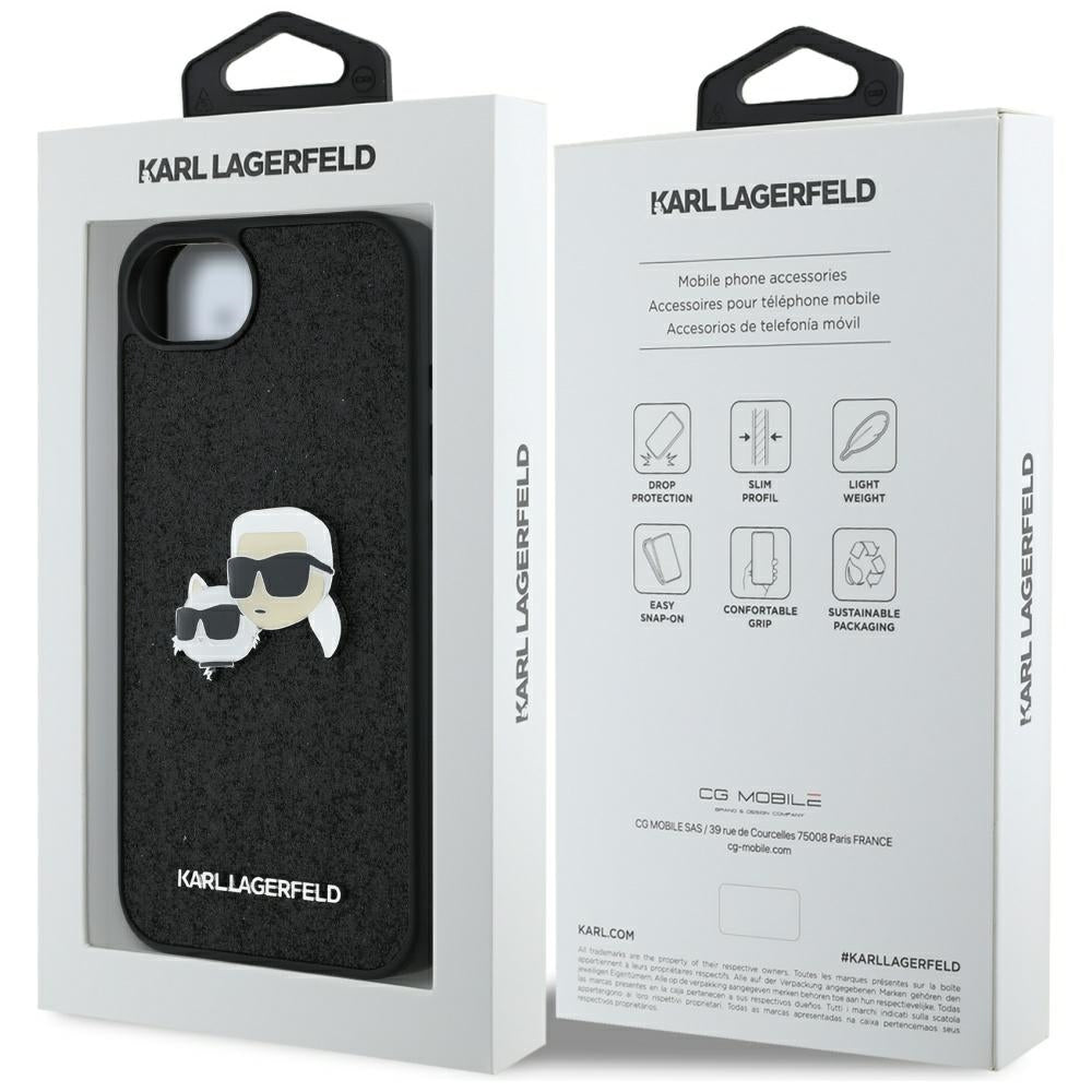 Hülle für Apple iPhone 17e / 16e, Karl Lagerfeld, Glitter Fixed Karl & Choupette's Heads, Schwarz