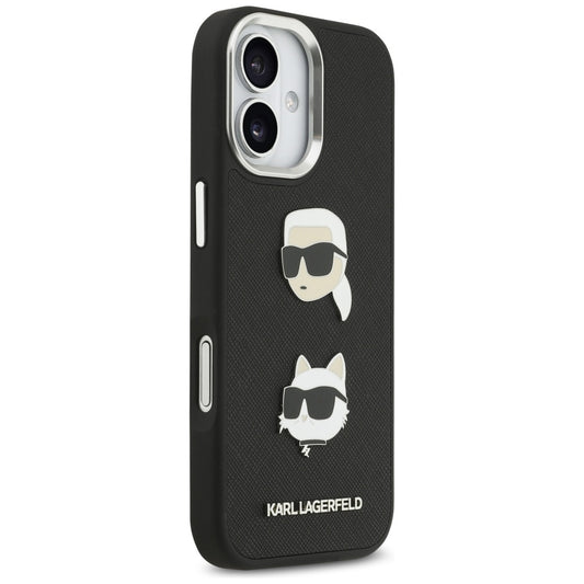Hülle für Apple iPhone 17, Karl Lagerfeld, Grained Karl & Choupette's Heads Pins and Logo, Schwarz