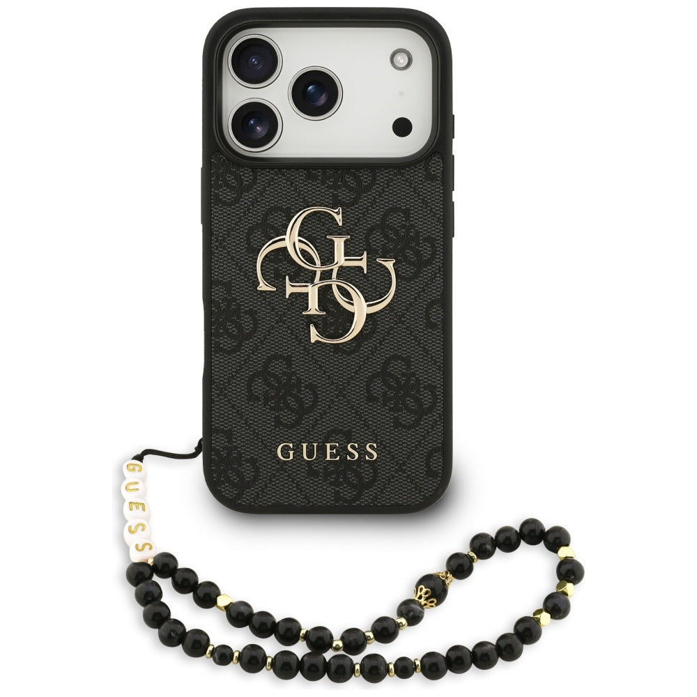Hülle für Apple iPhone 17 Pro, Guess, 4G Classic Logo mit Trageriemen, Schwarz