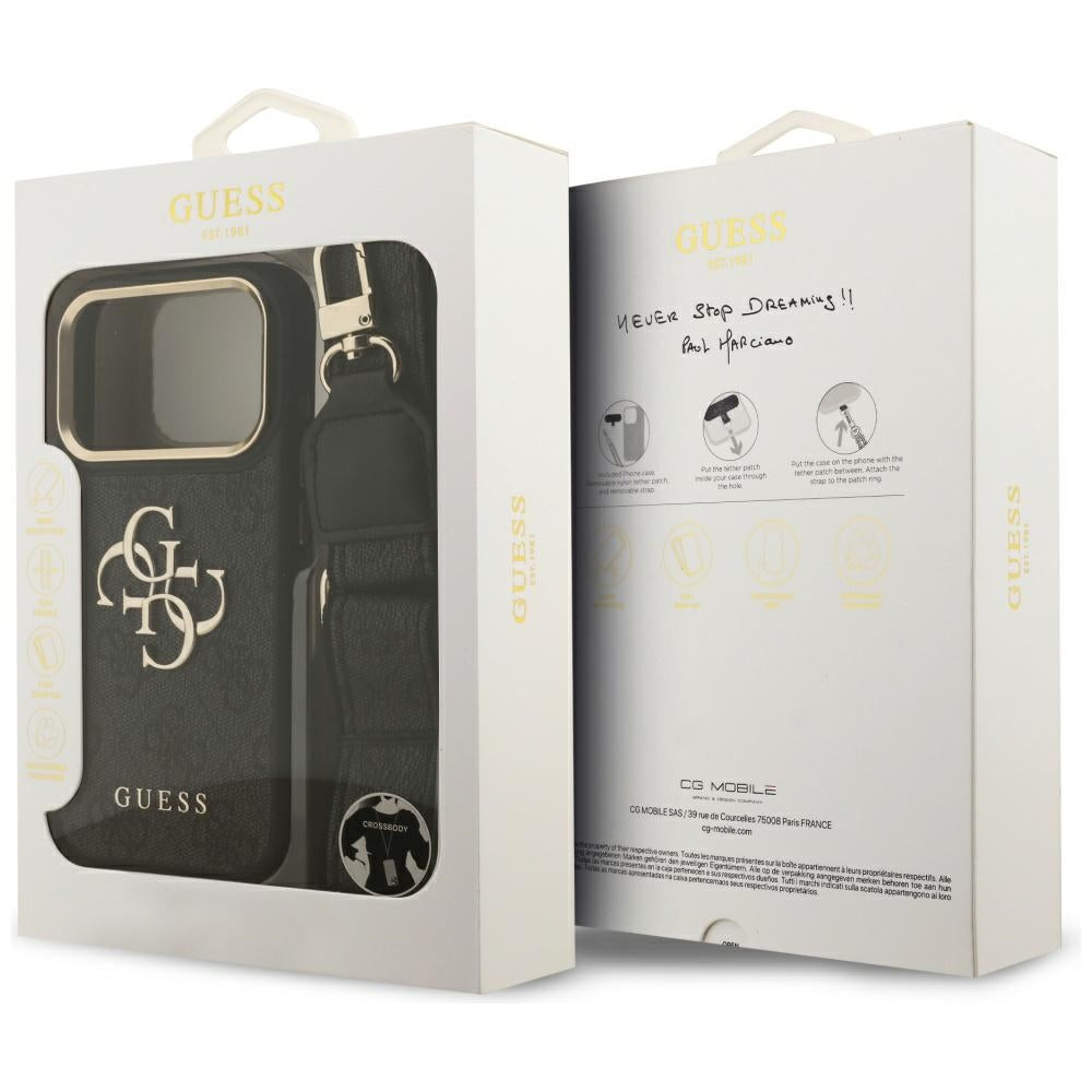 Hülle für Apple iPhone 17 Pro, Guess, Big 4G Classic Logo mit großem Band, Schwarz