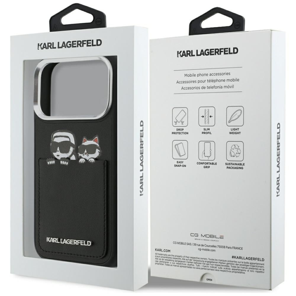 Case for Apple iPhone 17 Pro, Karl Lagerfeld, Karl & Choupette Print with Pocket, Black