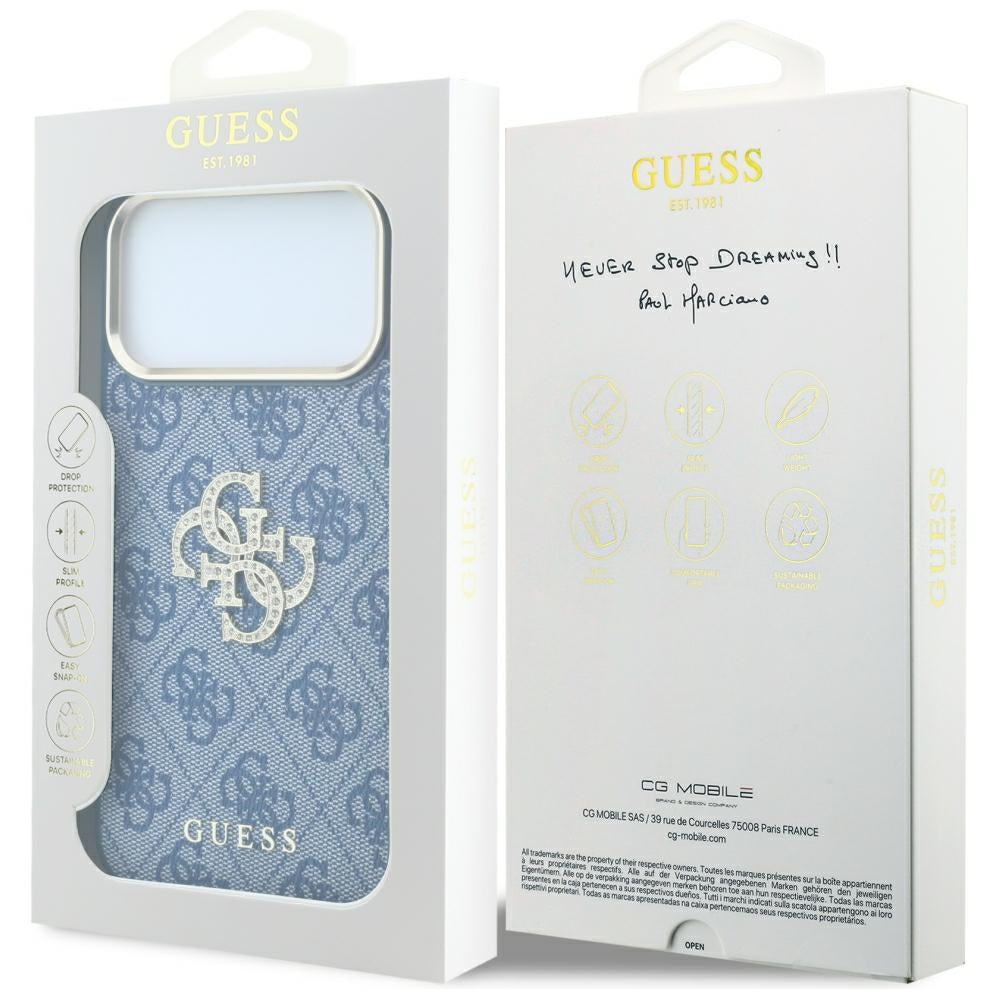 Hülle für Apple iPhone 18 Pro / 17 Pro, Guess, 4G Big Strass Logo, Blau