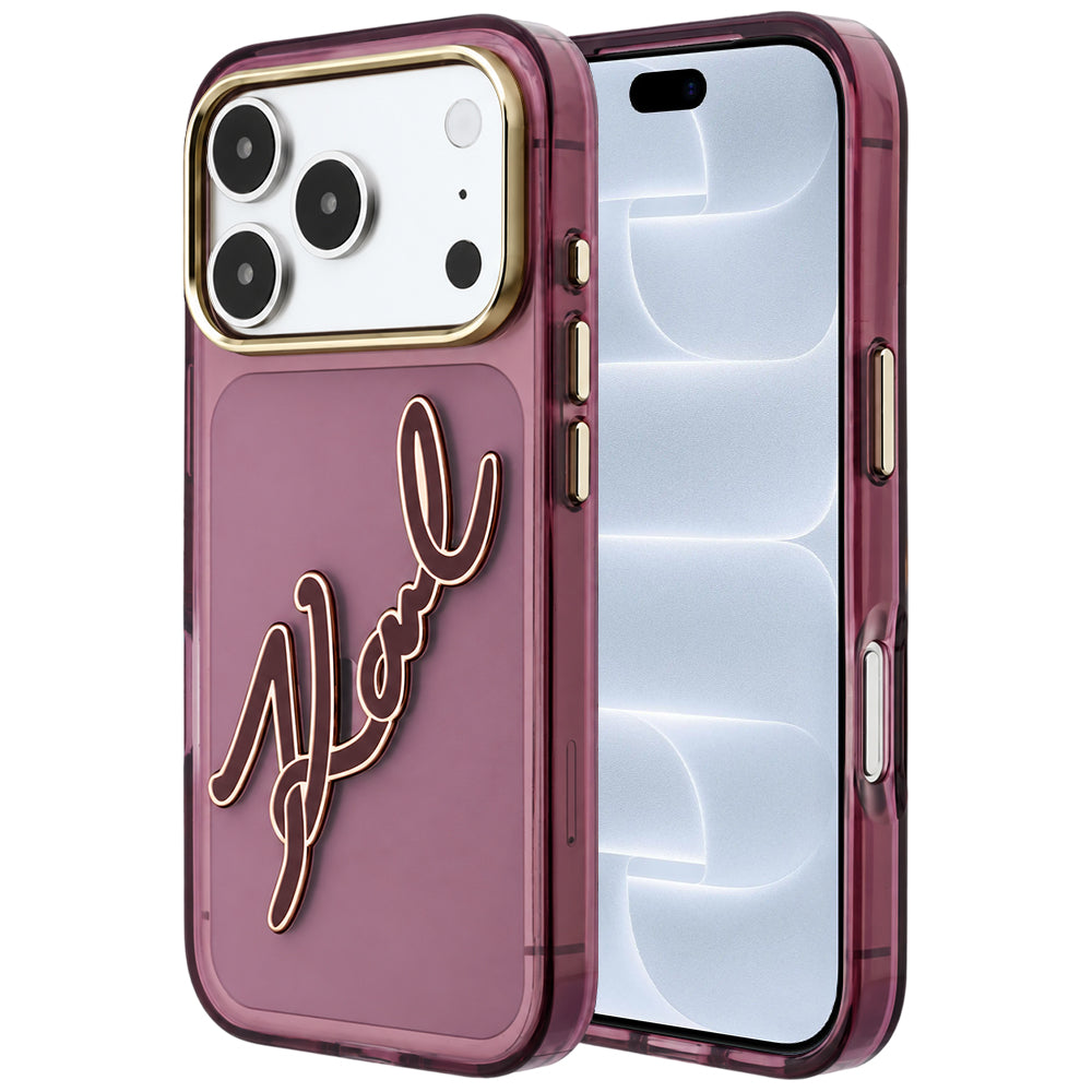Hülle für Apple iPhone 18 Pro / 17 Pro, Karl Lagerfeld, IML Big Signature Resin Logo und Metallrahmen, Weinrot