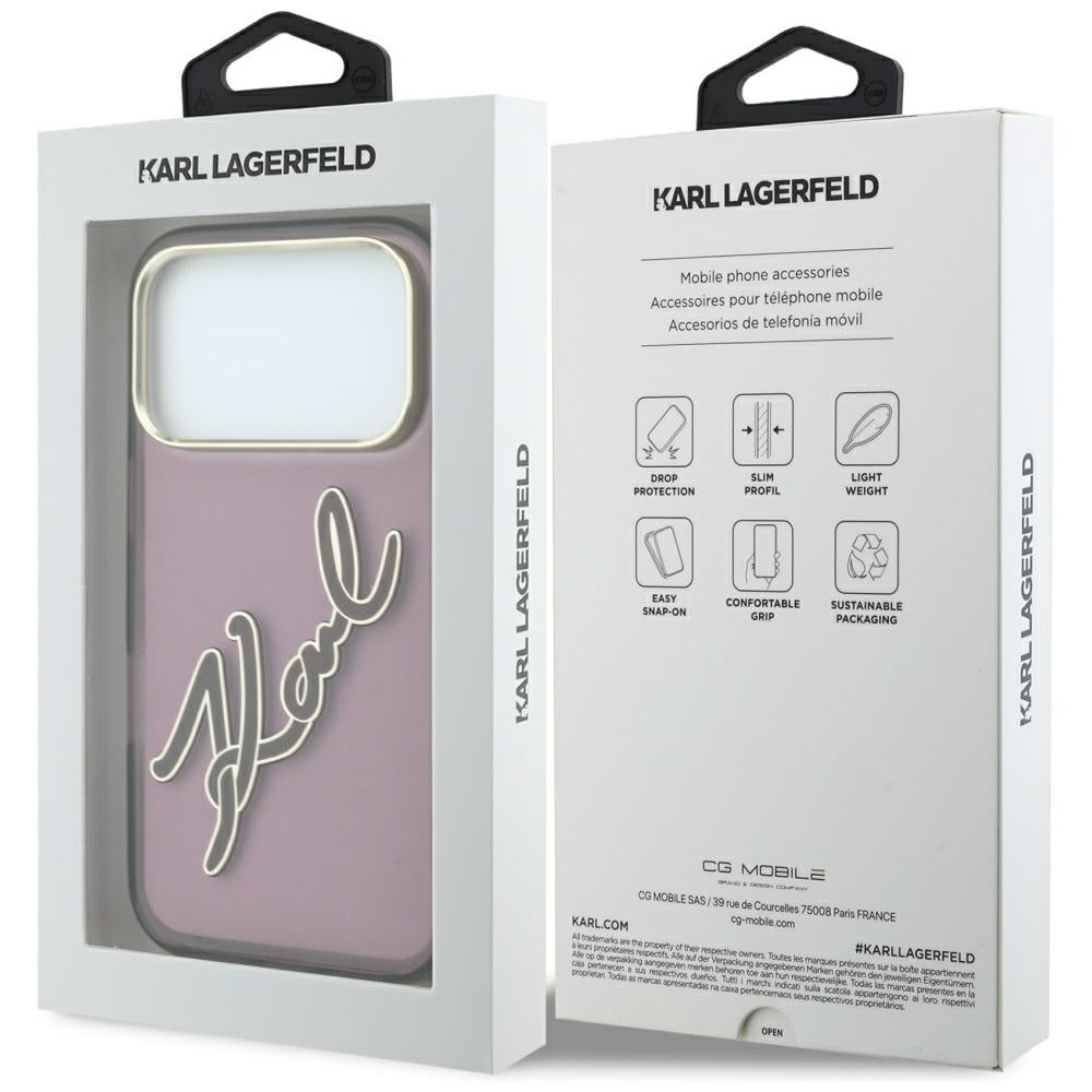 Hülle für Apple iPhone 18 Pro / 17 Pro, Karl Lagerfeld, IML Big Signature Resin Logo und Metallrahmen, Weinrot