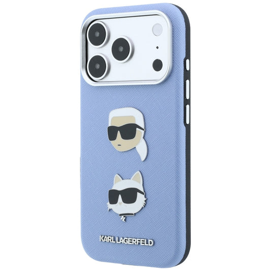 Hülle für Apple iPhone 18 Pro / 17 Pro, Karl Lagerfeld, Saffiano mit Karl-&-Choupette-Kopf-Pin und Logo, Blau