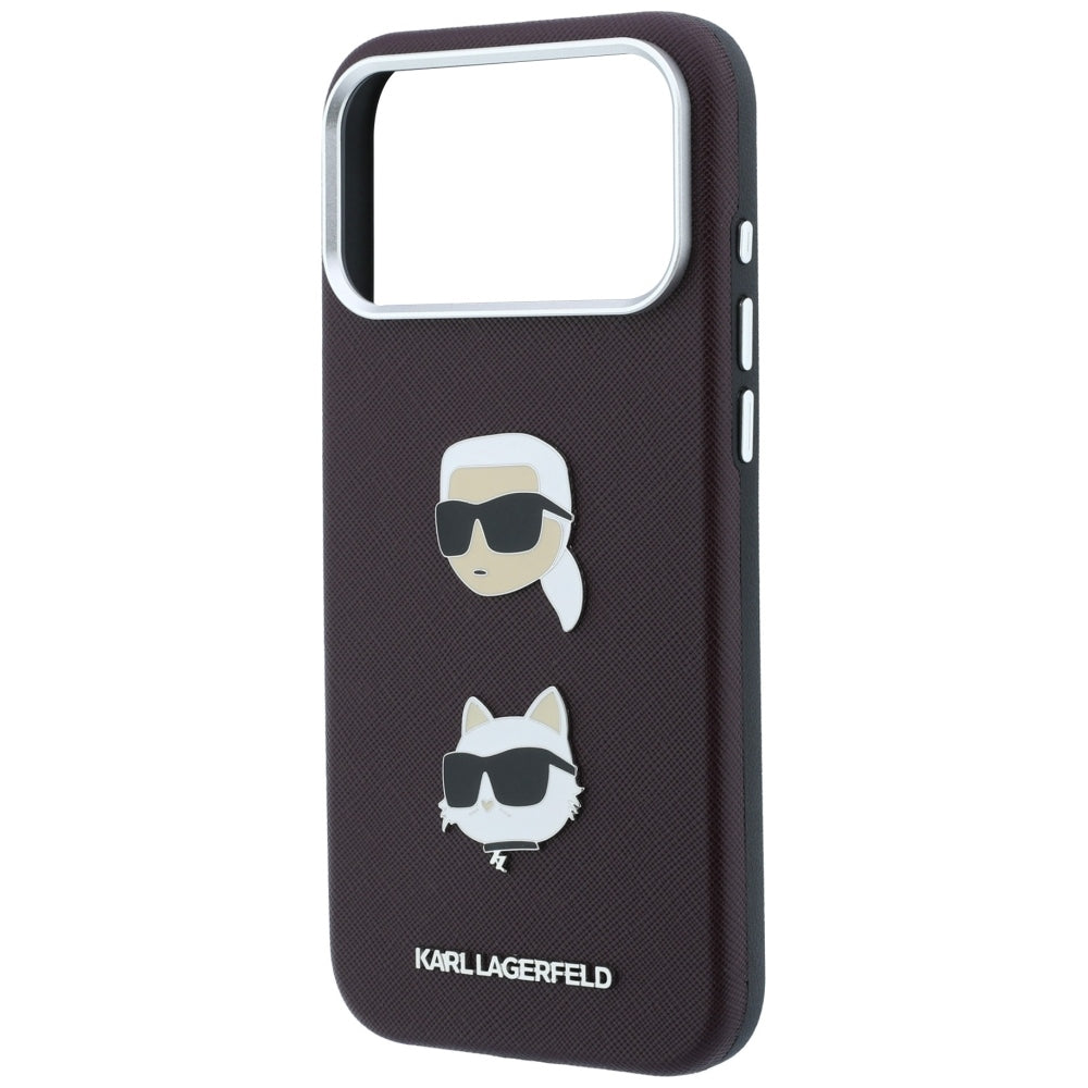 Hülle für Apple iPhone 18 Pro / 17 Pro, Karl Lagerfeld, Saffiano mit Karl & Choupette Kopf-Pin und Logo, Weinrot
