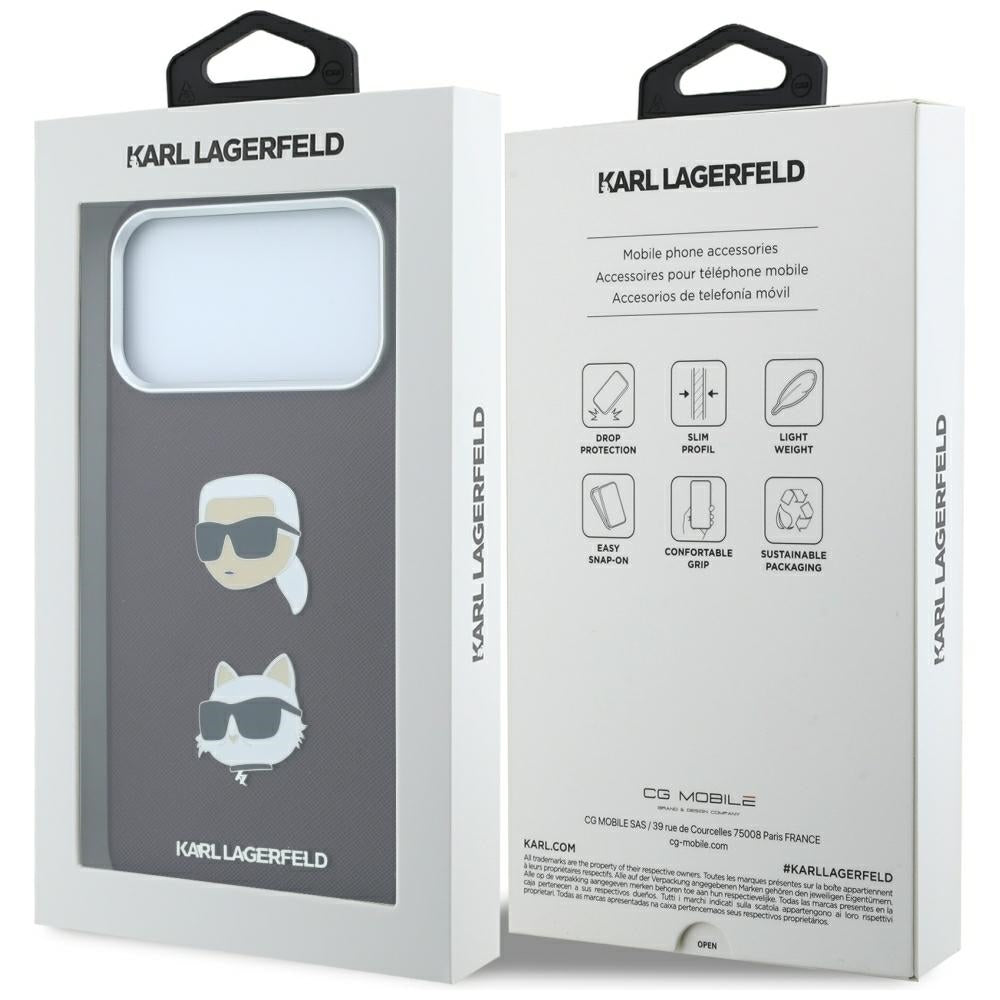 Hülle für Apple iPhone 18 Pro / 17 Pro, Karl Lagerfeld, Saffiano mit Karl & Choupette Kopf-Pin und Logo, Weinrot