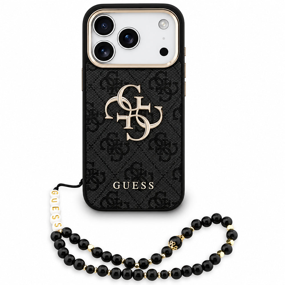 Hülle für Apple iPhone 18 Pro Max / 17 Pro Max, Guess, 4G Classic Logo mit Riemen, Schwarz Gold