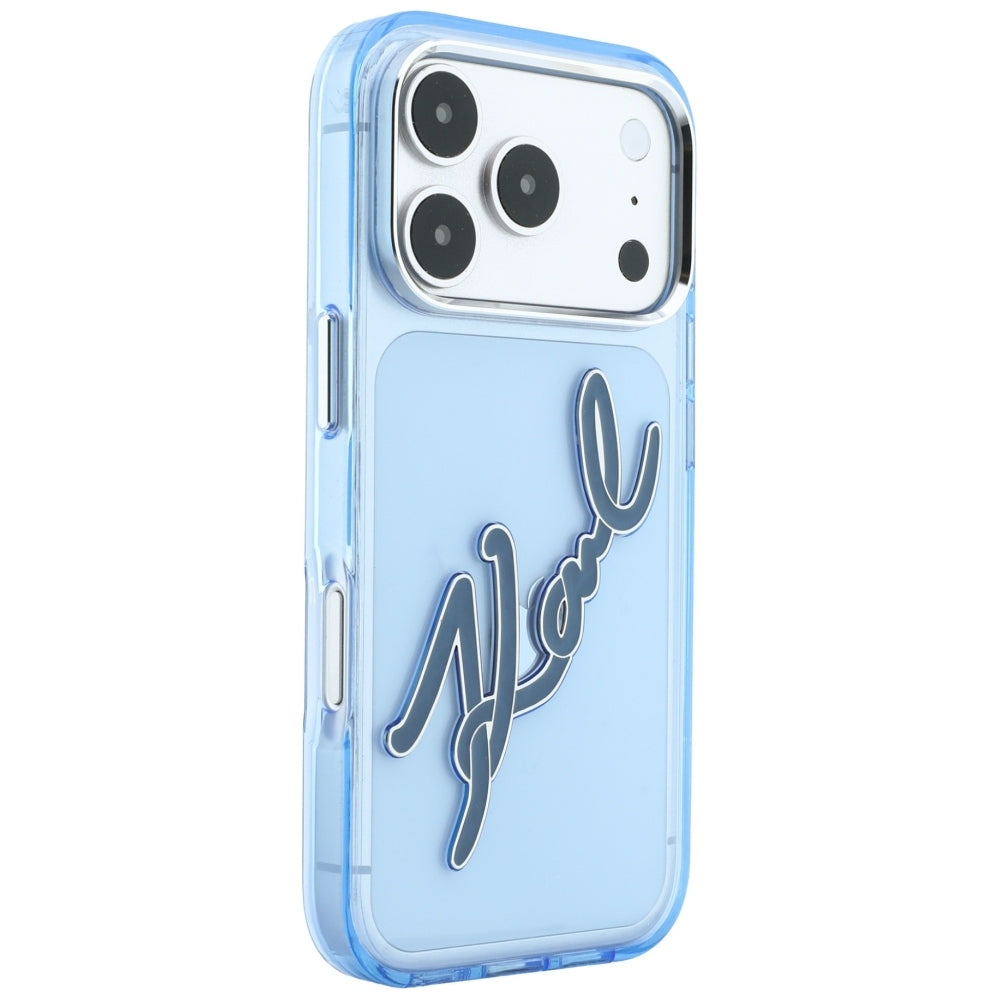 Hülle für Apple iPhone 18 Pro Max / 17 Pro Max, Karl Lagerfeld, IML Big Signature Resin Logo Metallrahmen, Blau